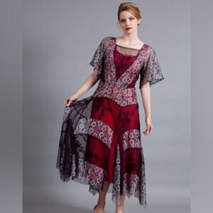 Nataya dress vintage Burgundy and Black Lace Overlay Dress-looks hand dyed S/M